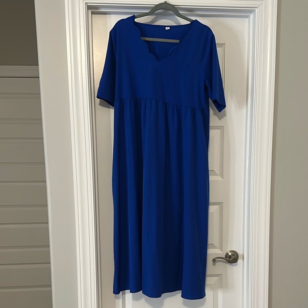 Blue Scalloped Edge Midi Dress